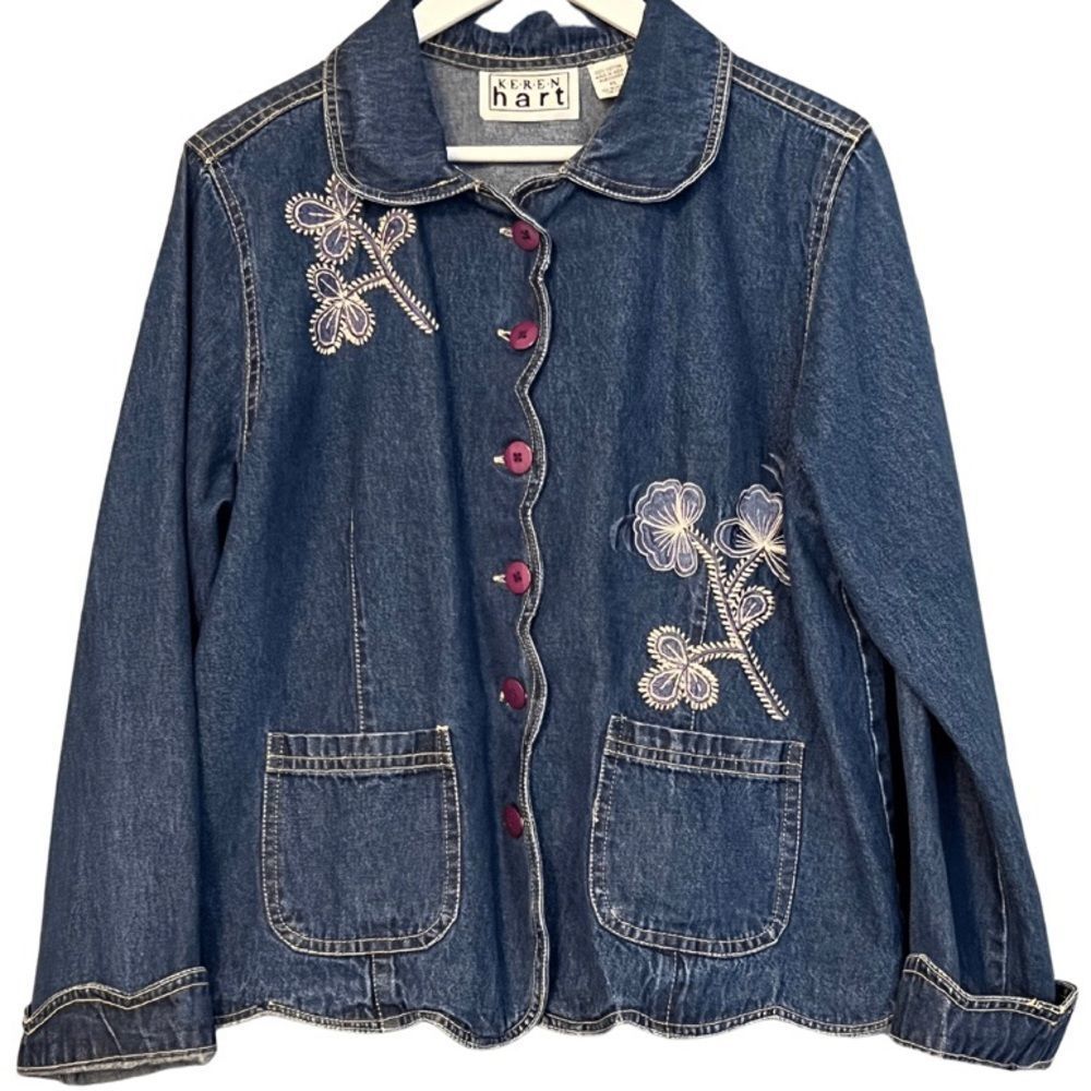🌟🌟VINTAGE🌟🌟 Embroidered Floral Denim Jacket With Scalloped Hem Keren Hart